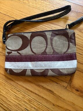 Coach Signature Canvas Wristlet in Brown, Cream & Burgundy